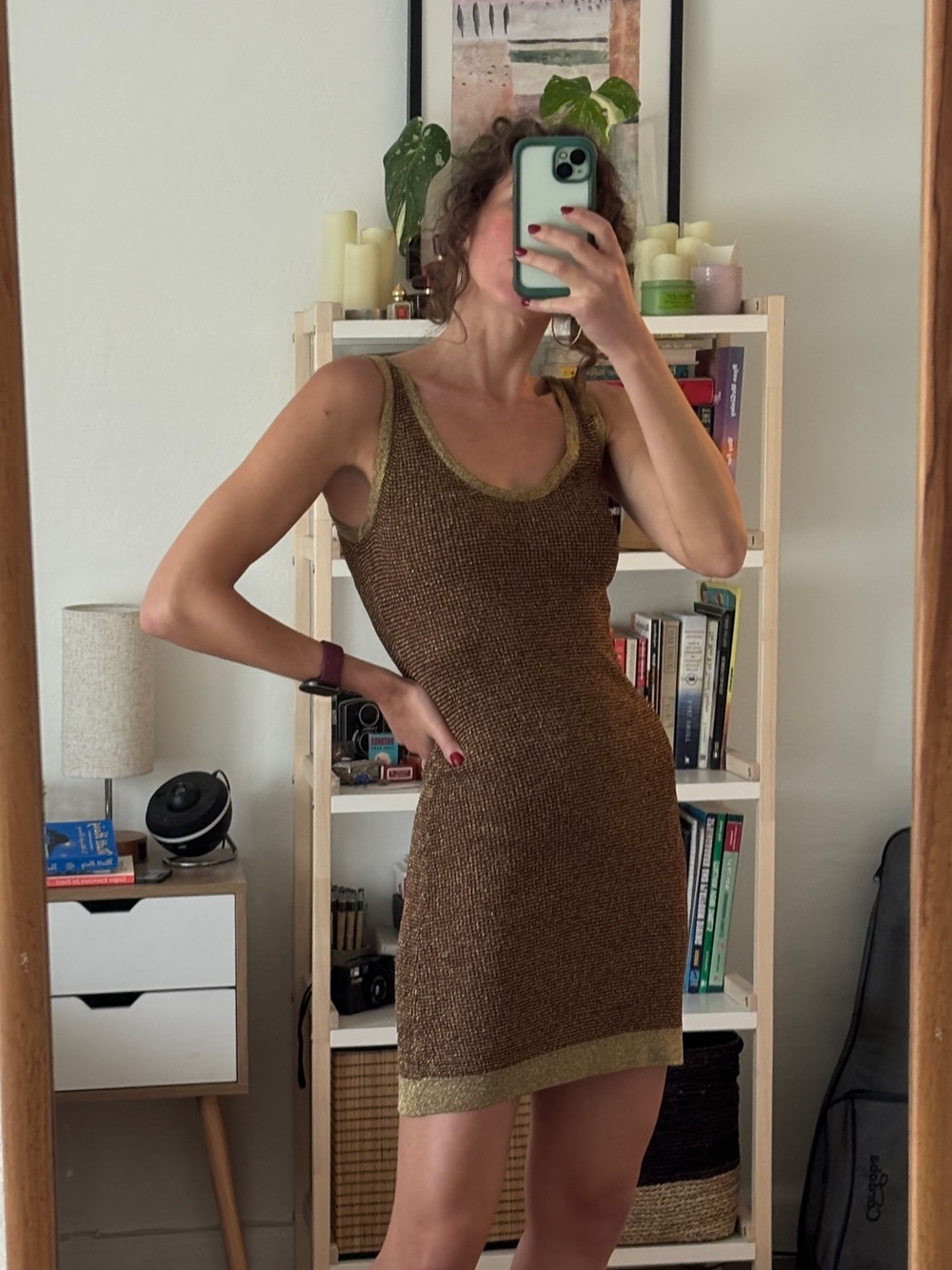 The Limited Brown Metallic Knit Tank Dress with Gold Trim